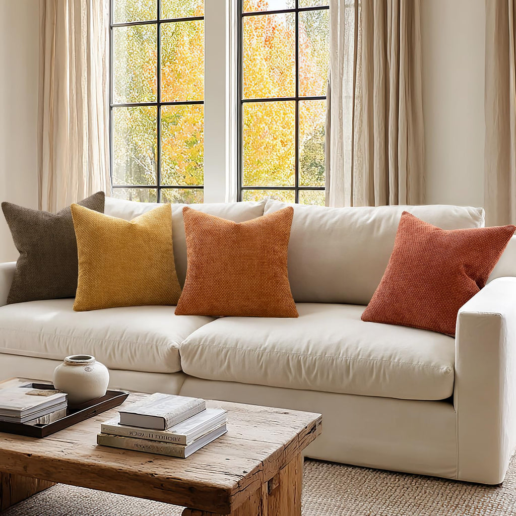 Decorative Chenille Fall Pillow Covers Orange Brown 20x20 Pack of 4