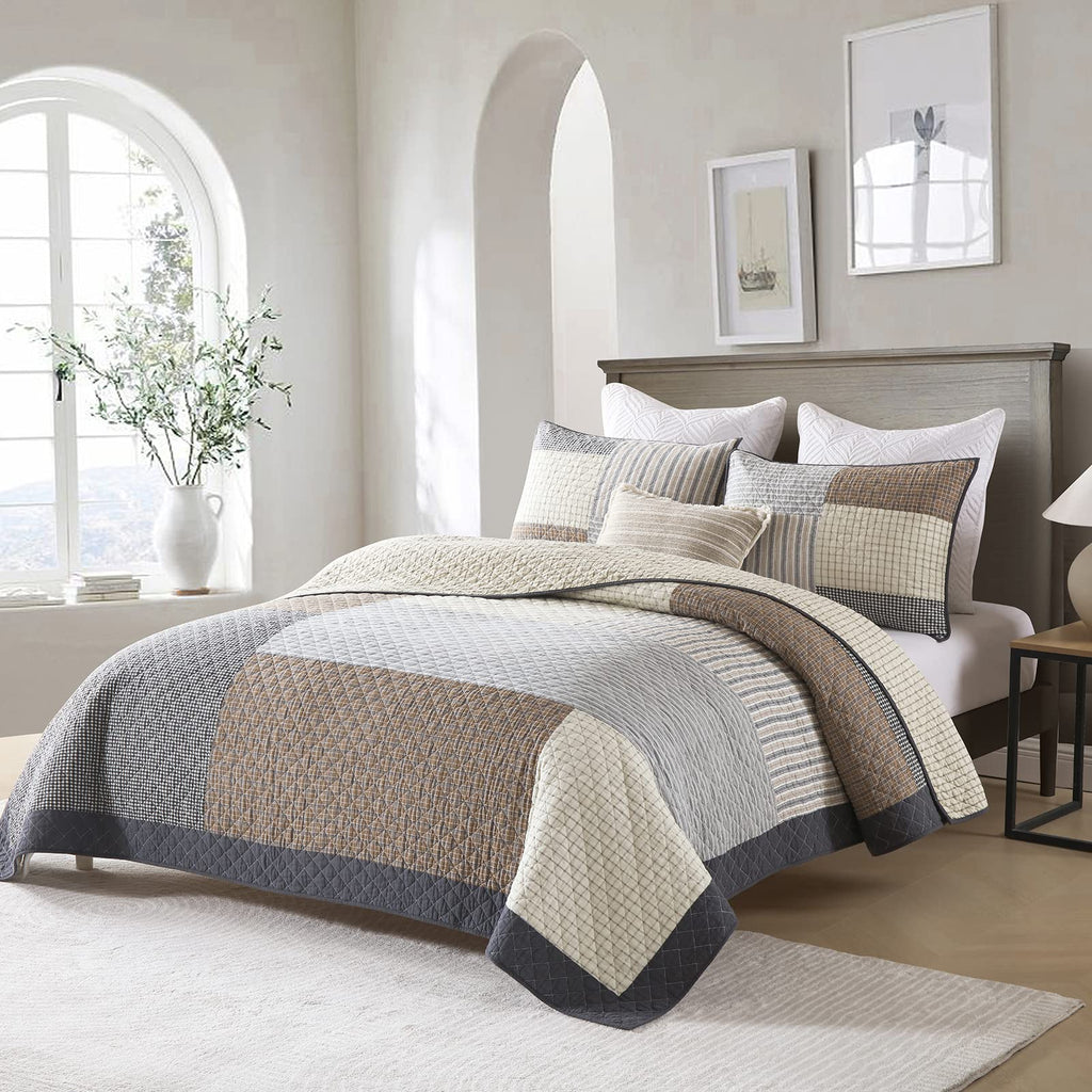 Quilt 100% Cotton Lightweight Soft Quilt Real Patchwork Plaid Quilted Bedspread Brown Beige Gray