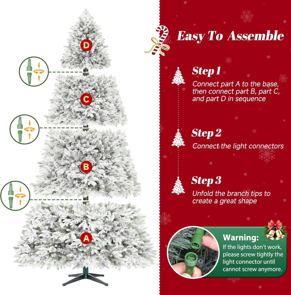 360° Rotating Snow Flocked Christmas Tree 9FT, Musical Prelit Christmas Tree with Remote Control, 600 LED Lights 8