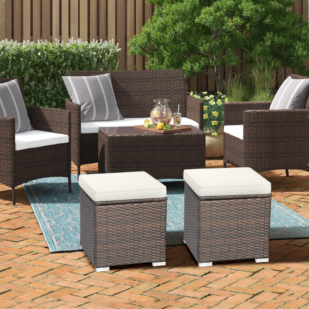 Patio Wicker Ottoman Set of 2, Multipurpose Outdoor Footstool w/Removable Cushions, Rattan Side Table w/Storage