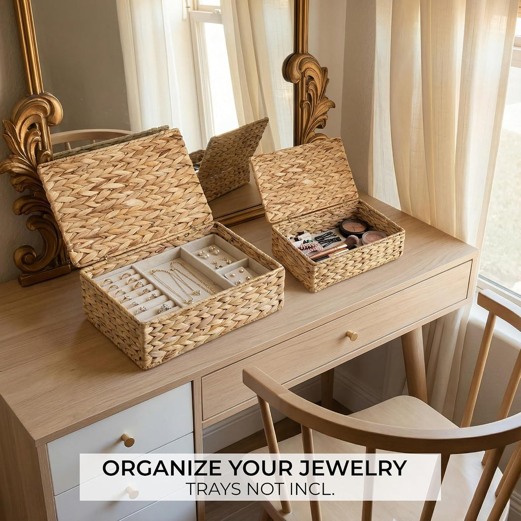 Decorative Storage Boxes with Lids Wicker Organizer Shelf Bins - Set of 2