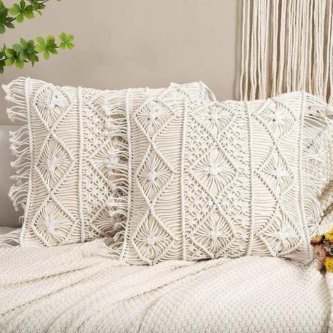 Macramé Pillow Cover- Set of 2 Boho Cushion Cover 100% Cotton Decorative Fringe Pillow Cover Boho Home Decor
