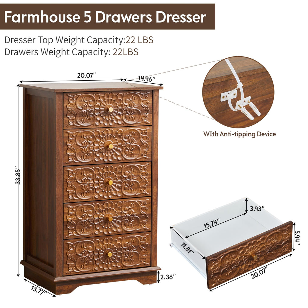 5 Drawer Dresser, 20"W Narrow Chest of Drawers, Walnut Floral