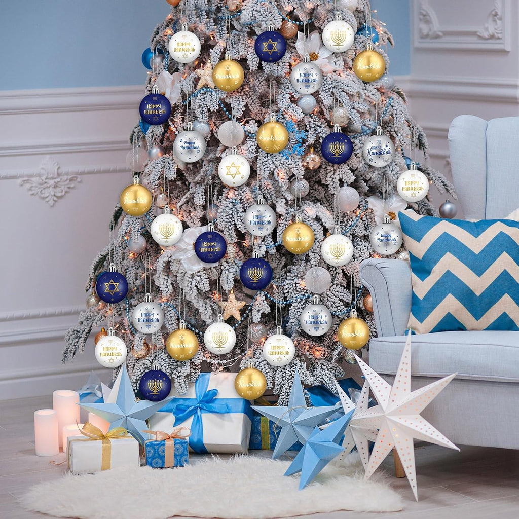Hanukkah Ball Ornaments - Plastic White Blue Gold Jewish Chanukah Decorative Hanging Ornaments, Party Decor - Set of 12