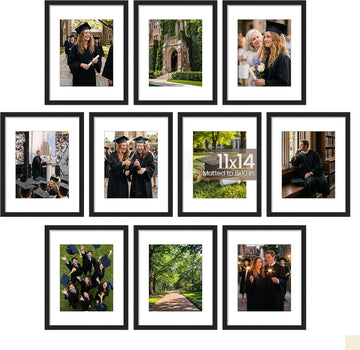 11x14 Picture Frame Set of 10, Display Pictures 8x10 with Mat or 11x14 Without, Multi Photo Frames Collage for Wall