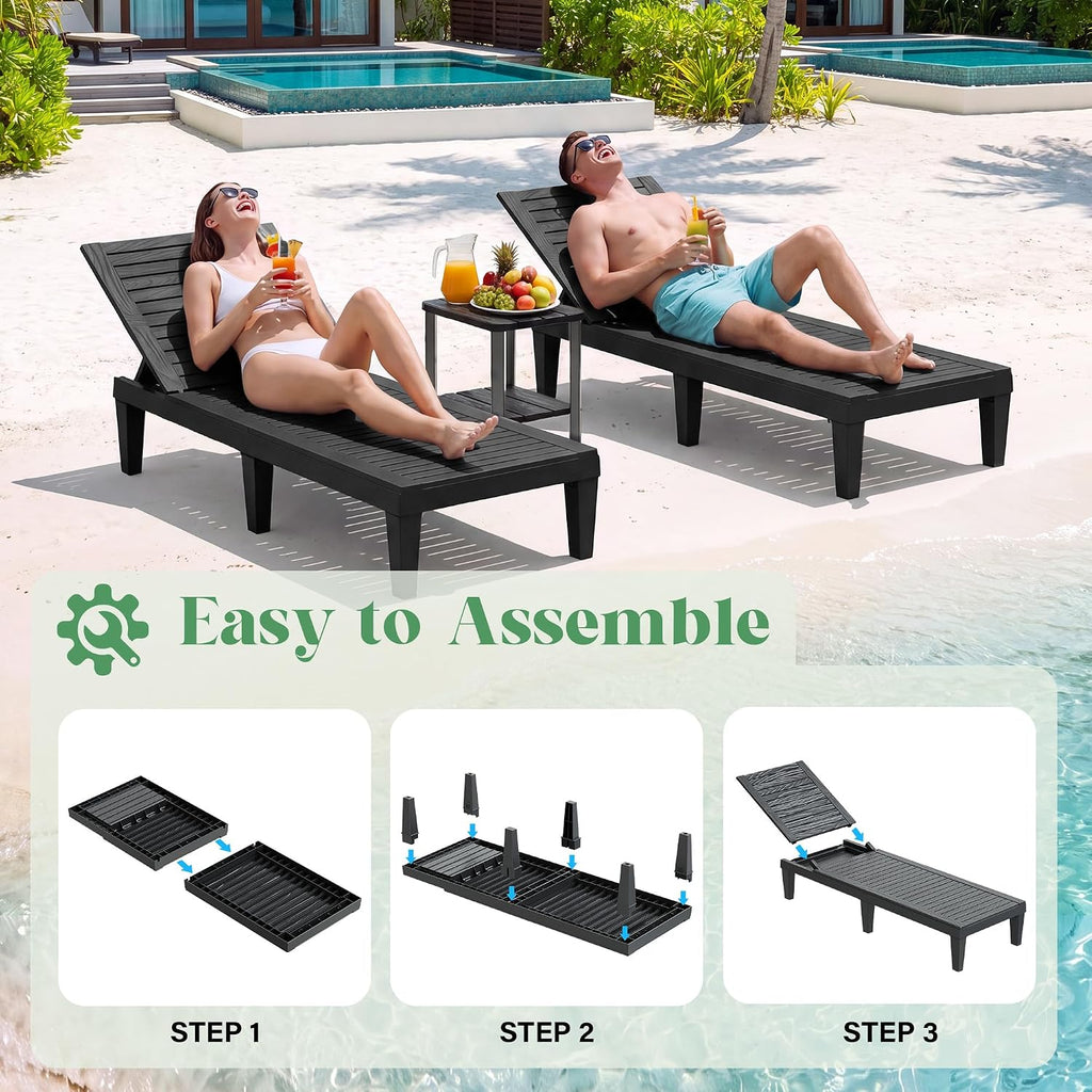 Outdoor Chaise Lounge Chair Set, Patio Chairs(Black Striped, Set of 2) | Wood-Grain HDPE, 5-Position Recline, Patio