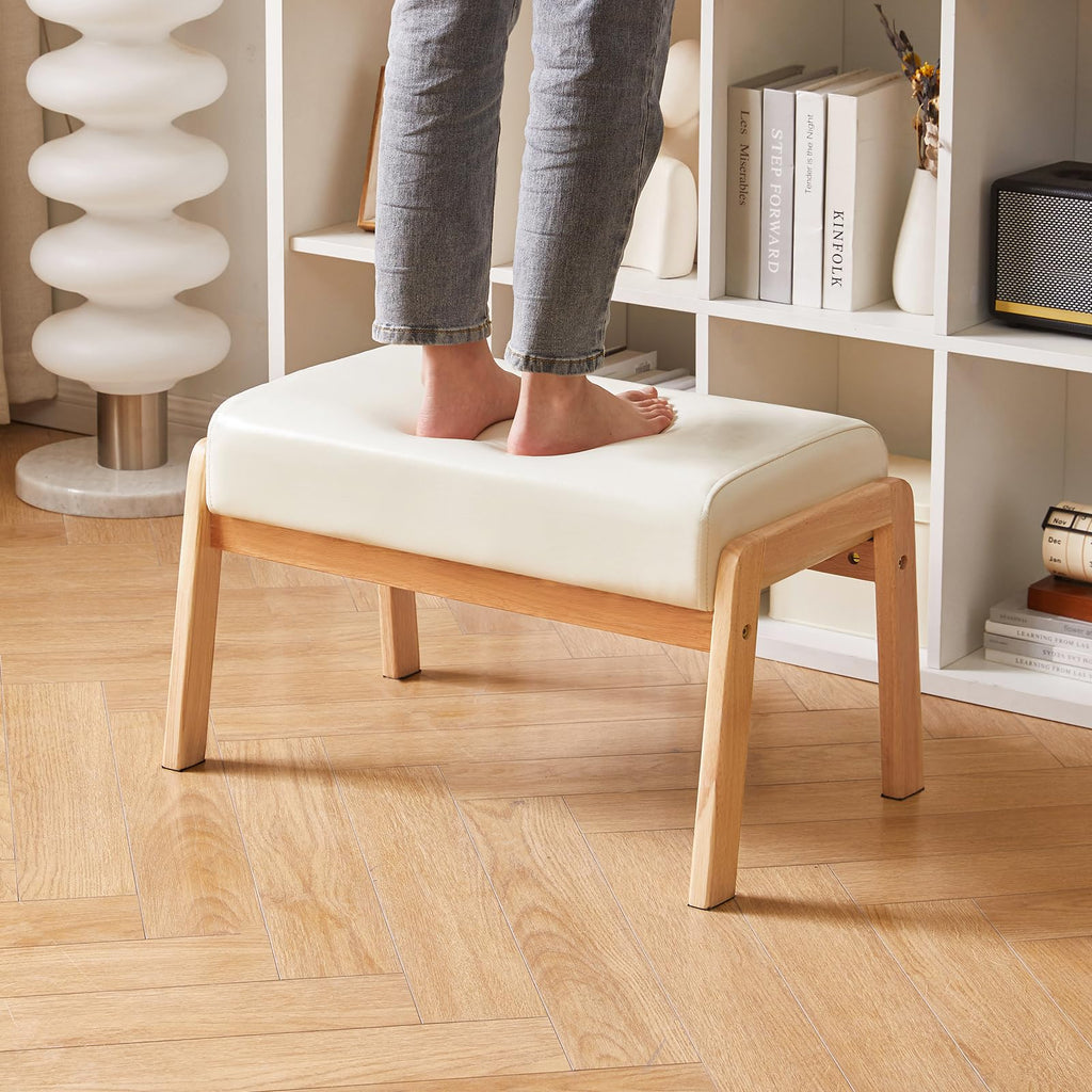 Large Footstool Ottoman, PU Faux Leather Footrest, White