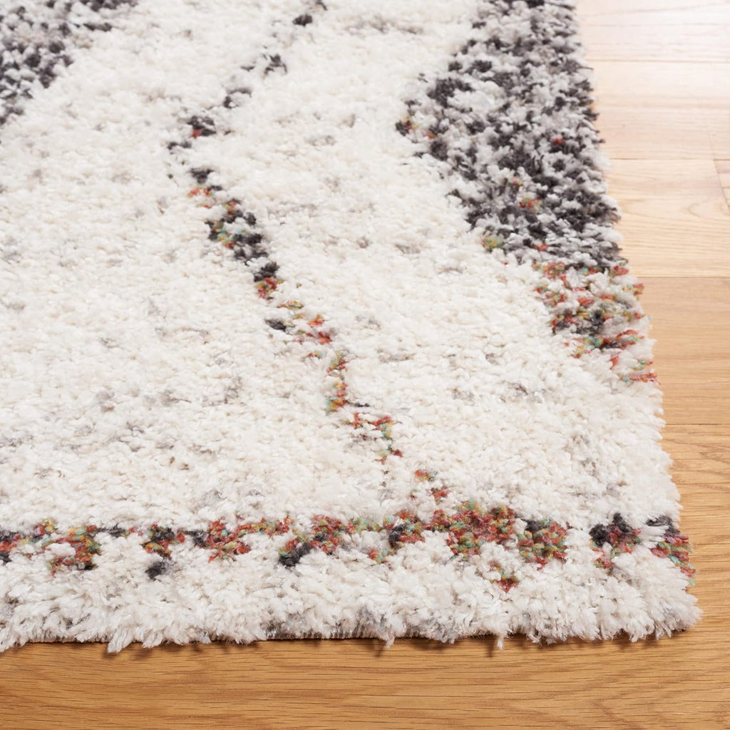 Jericho Shag Collection Area Rug - 6'7" Square, Ivory & Black, Moroccan Boho Design, Non-Shedding & Easy Care