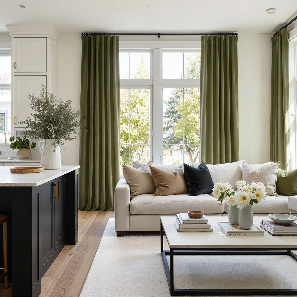 90 Inches Long Olive Green Curtains, Velvet Pinch Pleat Heavy Light Blocking Forest Green Curtains, Room Darkening