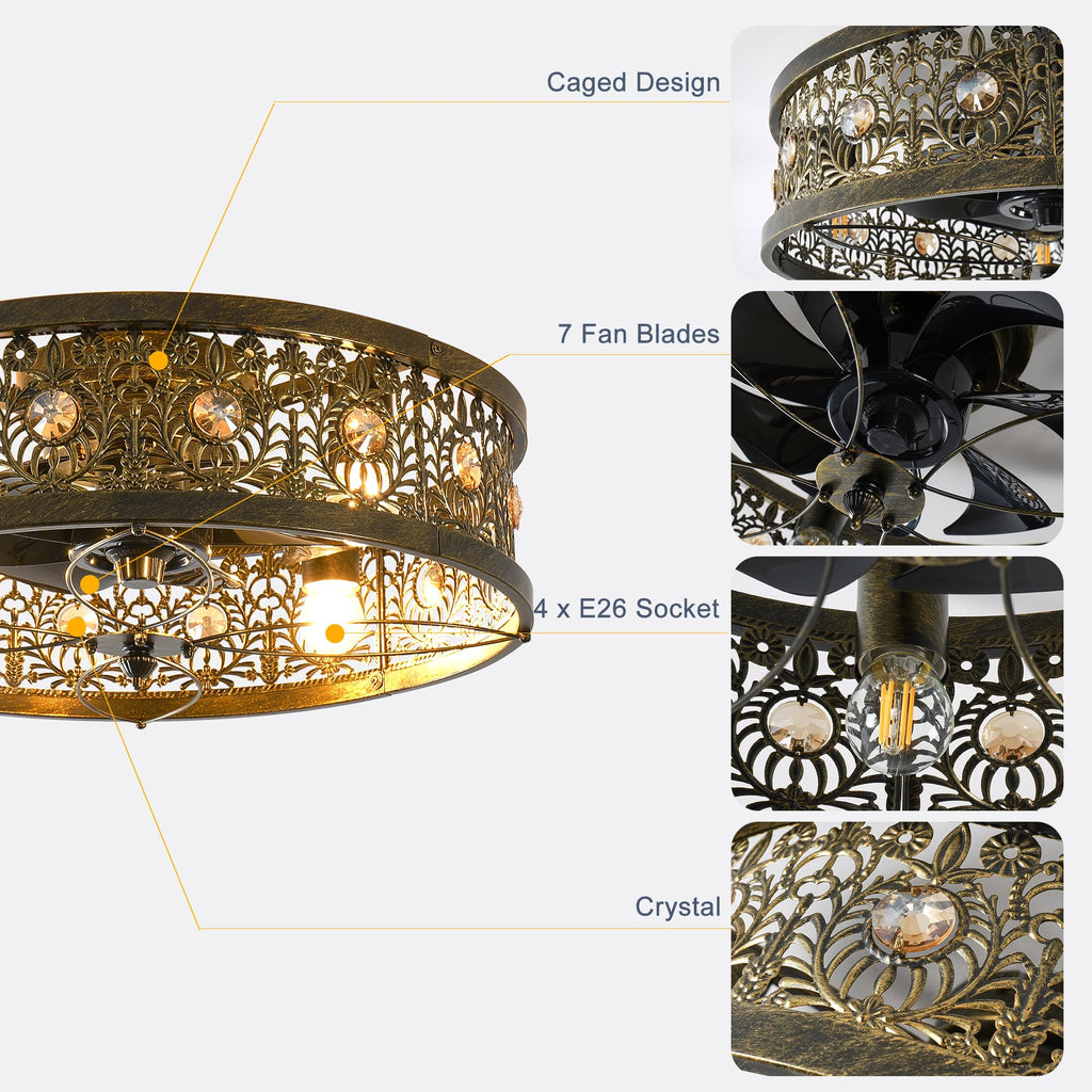 20" Caged Ceiling Fans with Lights, Low Profile Crystal Fandelier