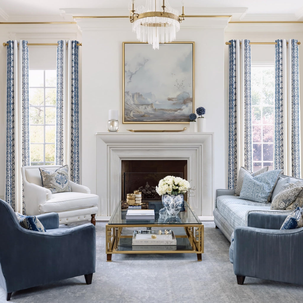 Boho Curtains with Navy Blue Trim 84" Long 2 Panels