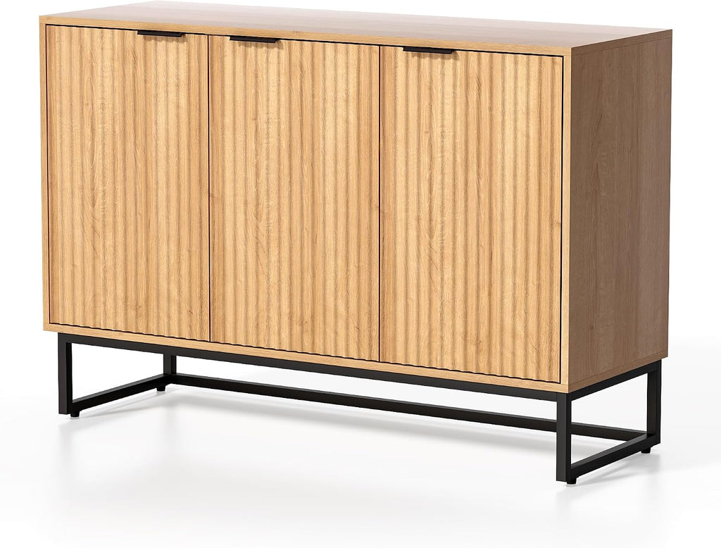 Fluted Storage Cabinet with 3 Doors, Sideboard Buffet Cabinets, Modern Accent Cabinets with Adjustable Shelves