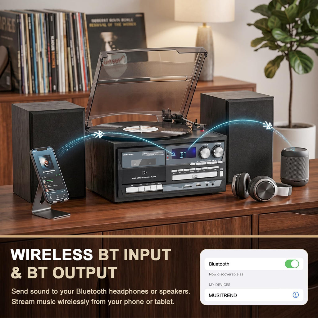 Record Player 10-in-1 Classic Black Music Console with External Stereo Speakers, Bluetooth Receiver/Transmitter