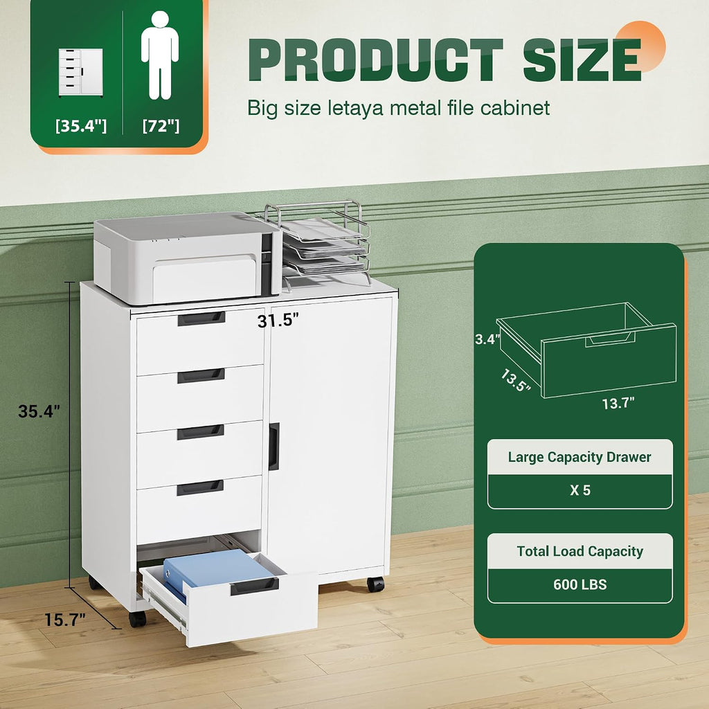 5 Drawer Storage Cabinet, Mobile Printer Stand,Dresser Chest with Shelves and Door(White)