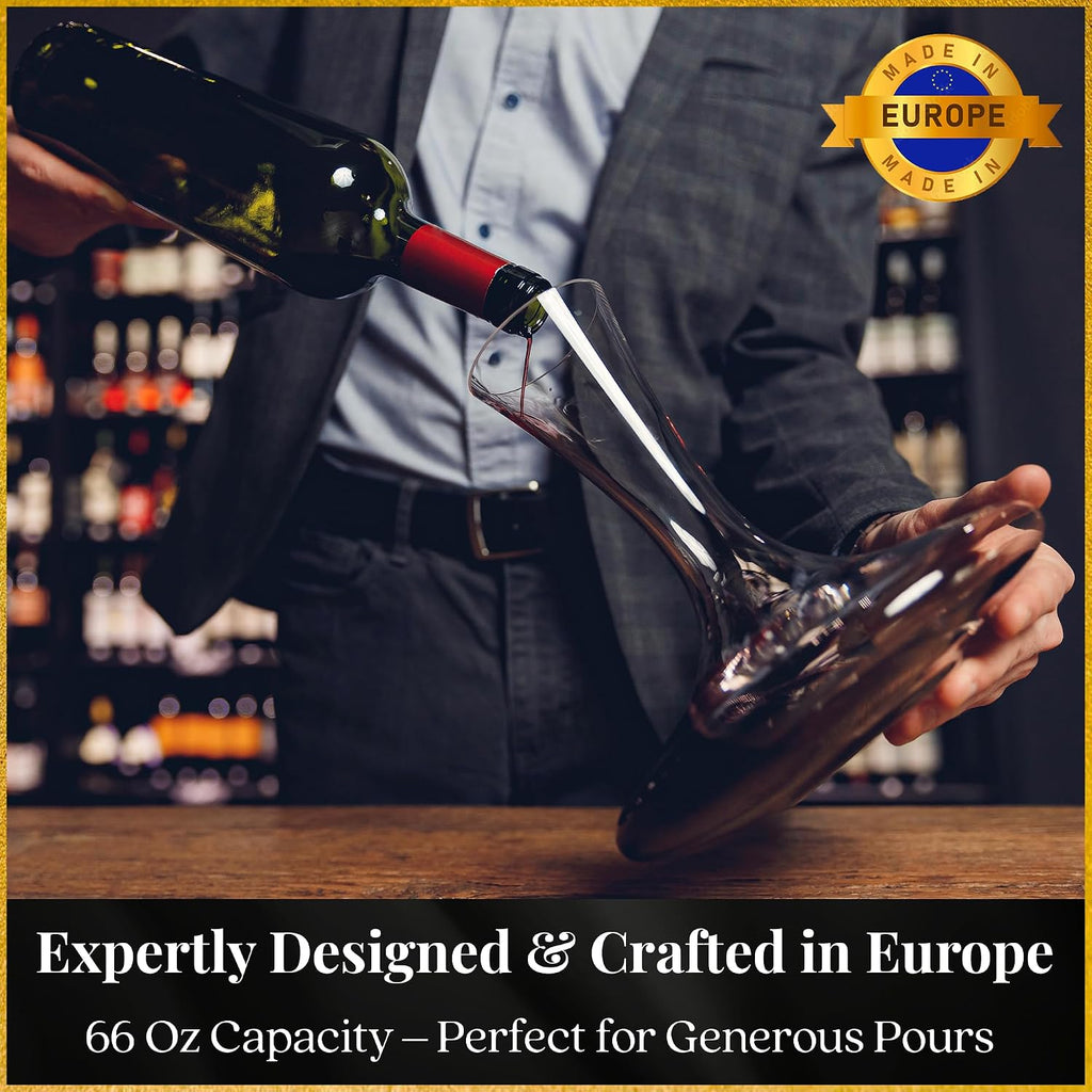 Large Wine Decanter | Hand-Crafted in Europe | 66 FL Oz | Crystal Ground Stopper | Wide Base for Optimal Aeration