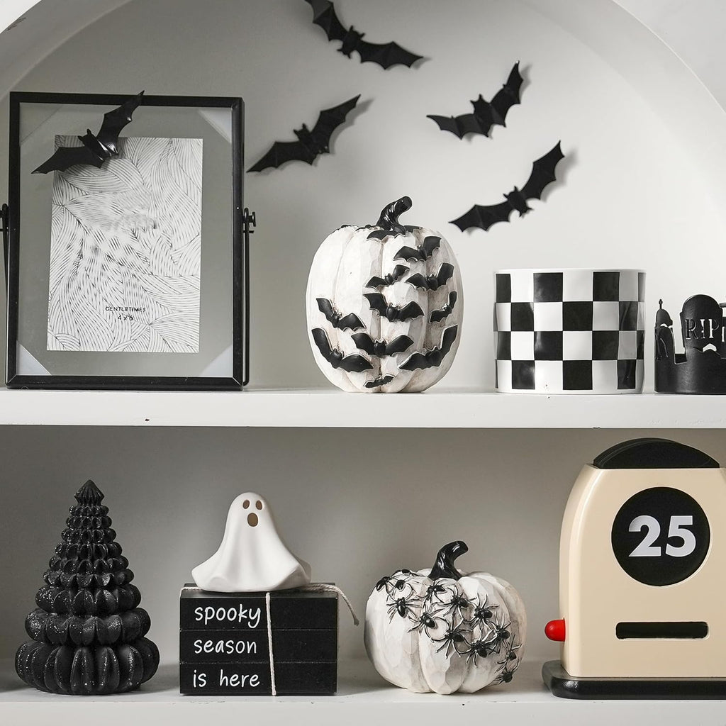 Black and White Pumpkins with Bats for Halloween Indoor Decor - Set of 2