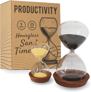 Decorative Hourglass Sand Timer Set - Includes 25 and 5 Minute Sandglass Pomodoro Timers with Wooden Bases - Time