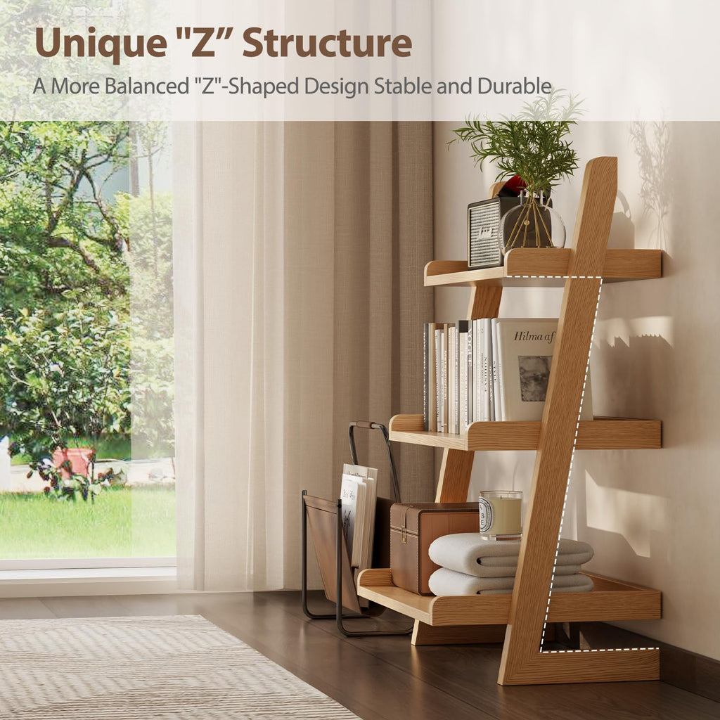 Solid Wood Ladder Shelf, Leaning Bookshelf, Natural, 3-Tier