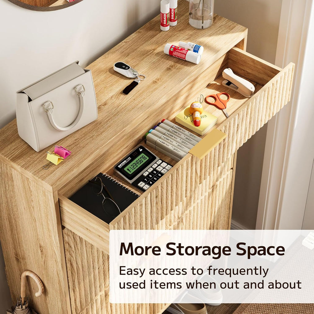 Fluted Shoe Cabinet Storage with 2 Flip Drawers & 1 Drawers, Wood Narrow Hidden Shoe Cabinet with Adjustable Shelf