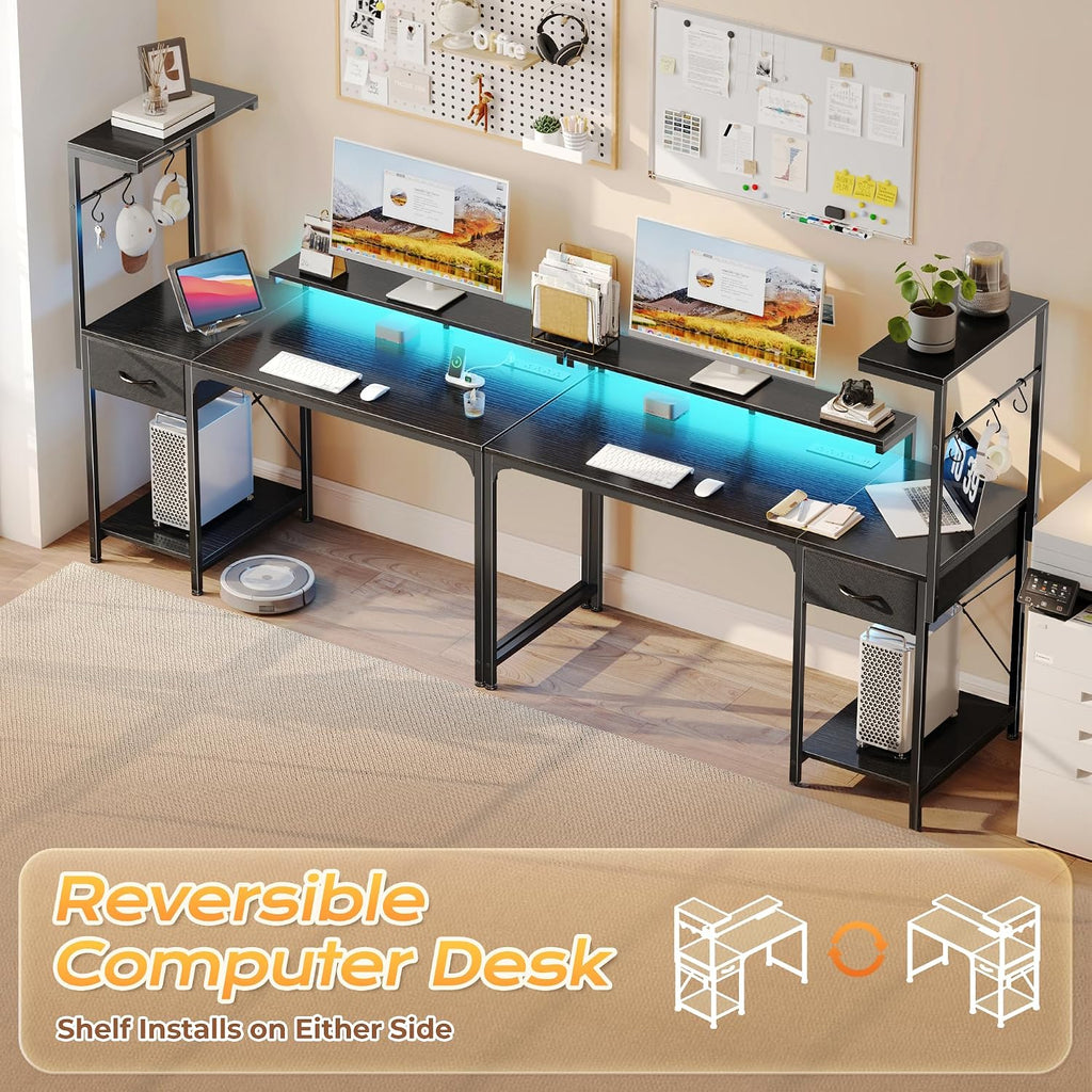 47.2 Inch Gaming Desk with LED Lights & Power Outlets | Computer Desk with Drawer & Storage Shelves, Office Writing