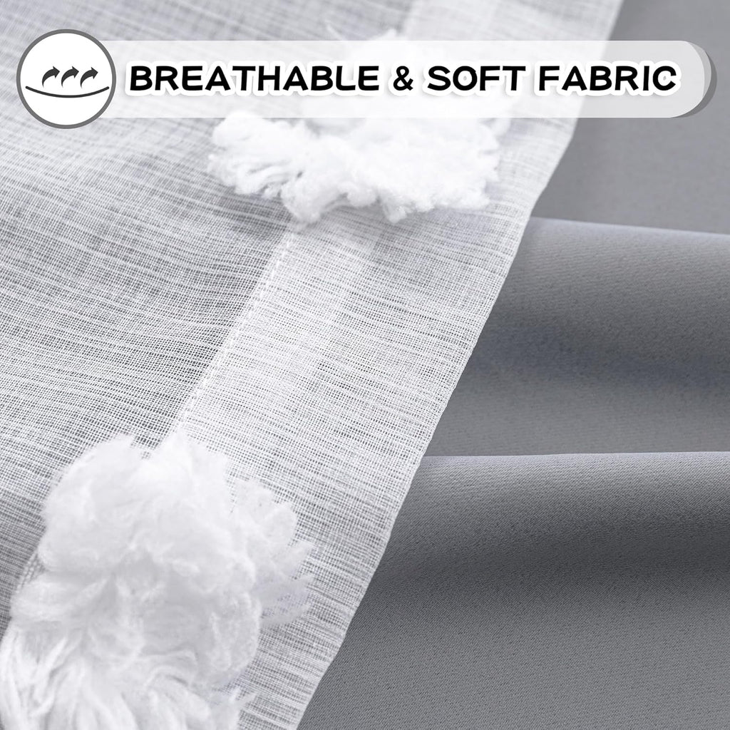 Living Room Curtains, 84 Inch Long Grey Blackout Curtains with Pom Pom Trim, Double Layer Sheer Drapes for Kids Room