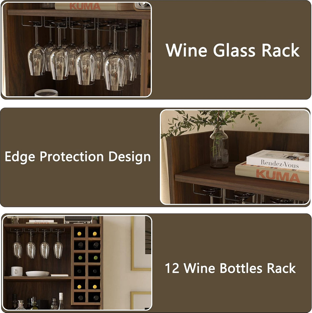 Wine Cabinet with 12 Wine Bottle Racks, 70'' Wine Bar Cabinet Bar Cabinet Tall with Storage, Modern WoodenTall Liquor