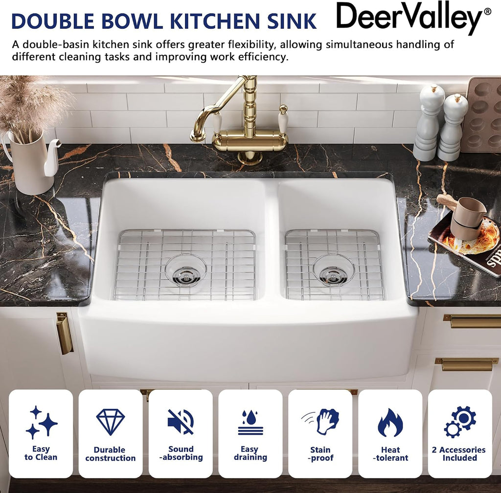 Double Bowl White Kichen Sink 33 inch, Ceramic Apron Front Farmhouse Sink, Deep Drop-in Fireclay Undermount Large