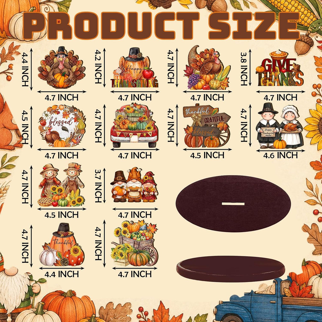 Thanksgiving Table Decorations, Wooden Fall Harvest Centerpiece, Pilgrim Turkey Gnome Table Topper Signs - Set of 12