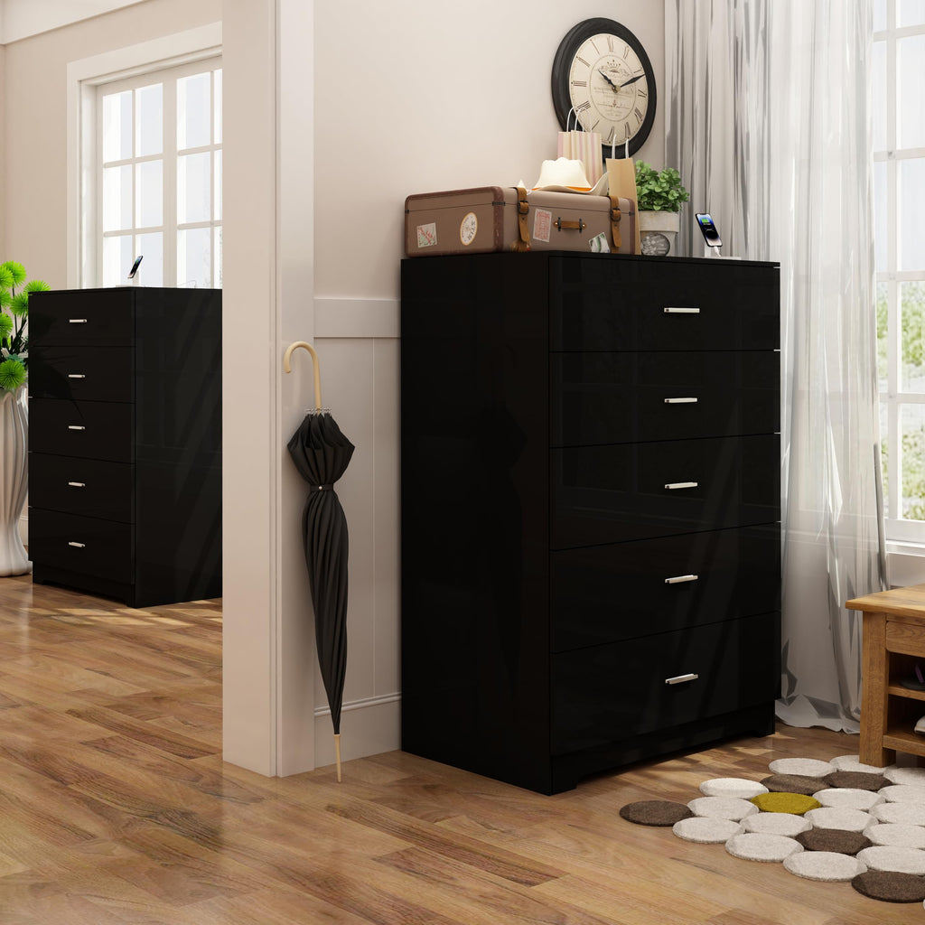 Dresser with Power Outlets Wood 5 Drawer Dresser with Large Storage Space Black Chest of Drawers with Smooth Metal