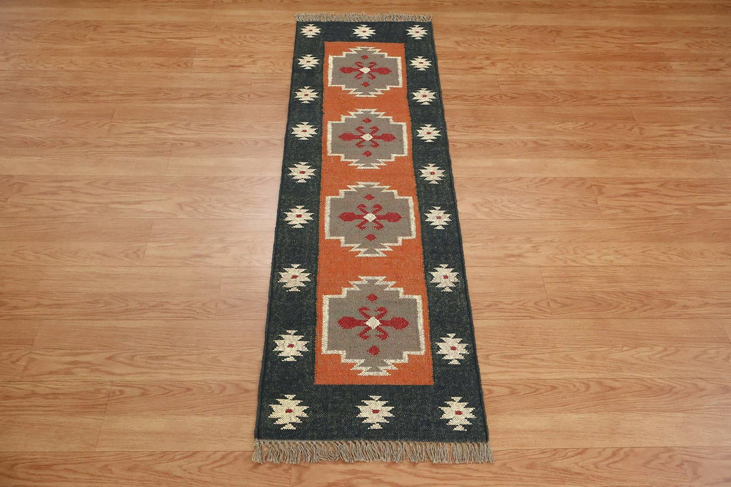 Kilim Runner 2x6 Reversible Southwestern Wool Jute Runner Geometric Design Brown Black Flatweave Carpet Thick 0.19"