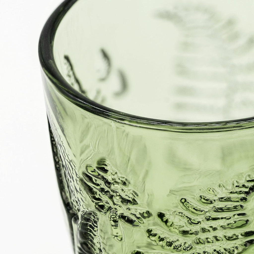 Green Glass Goblets Set of 4, 10 oz Hand-Pressed Vintage Glassware, Textured Fern Embossed Drinking Glasses, Boho