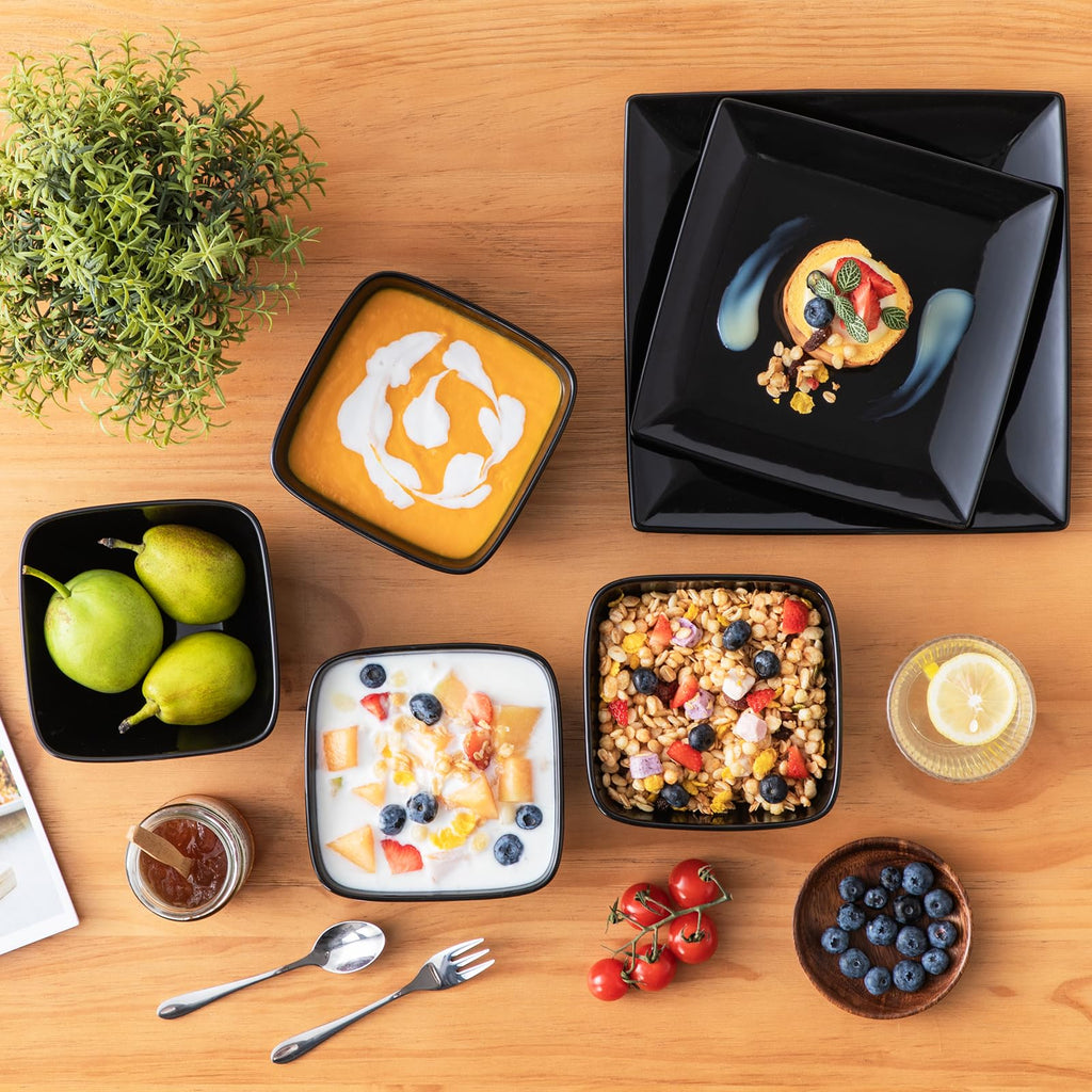 Soho Dinnerware Sets 12 Pieces, Black Stoneware Square Place Setting, Plates and Bowls Sets, Dinner Plate, Dishes Set