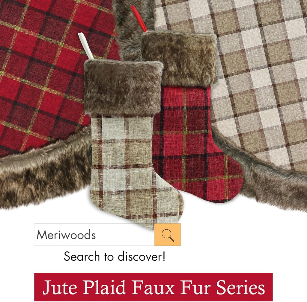 Chirstmas Stockings, 18 Inches 4 Pack Rustic Xmas Stockings with Burlap Buffalo Plaid and Plush Faux Fur, Holiday