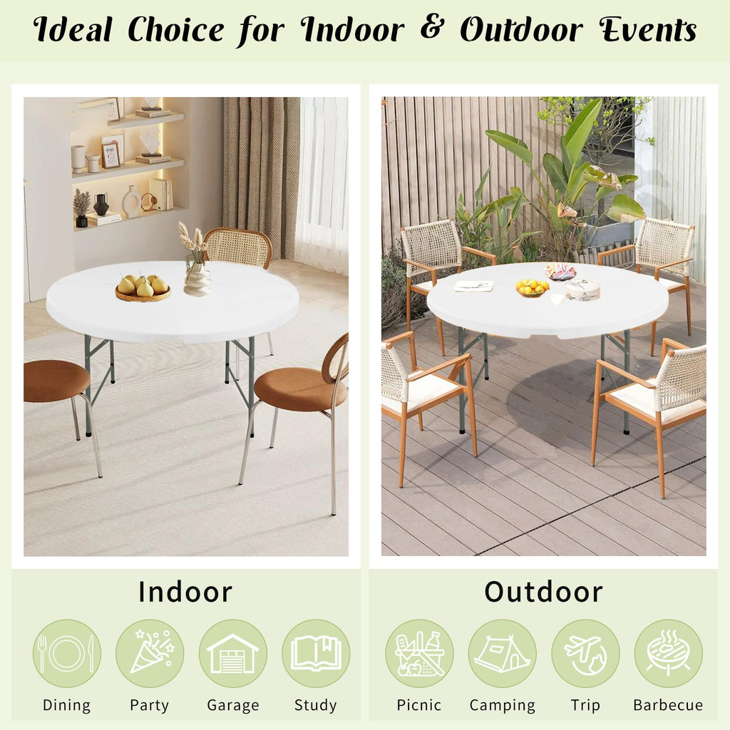 5 FT Round Folding Tables White Foldable Table, Fold-in-Half with Carrying Handle Portable Plastic Table for Party