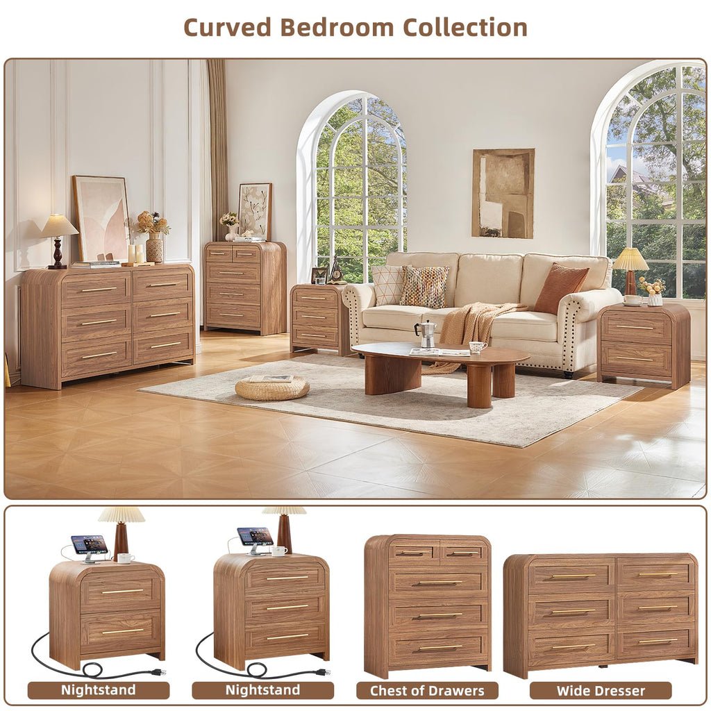6 Drawer Dresser, Curved Chest of Drawers, Brown