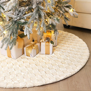 Christmas Tree Skirt 48 Inches White Checkered Faux Fur Rabbit Tree Skirt Soft Holiday Indoor Outdoor Decor for Merry