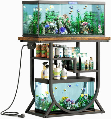 20-29 Gallon Fish Tank Stand with Power Outlet, Metal U Shaped Aquarium Stand with Storage Shelves, Heavy Duty
