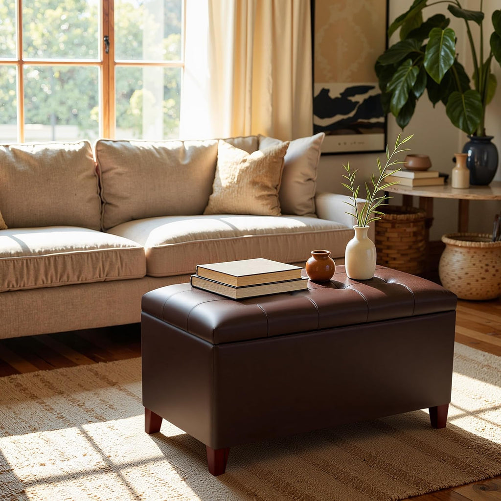 Storage Ottoman Bench, 33 Inches Faux Leather Rectangle Tufted Foot Stool for End Foot of Bed, Bedroom, Living Room