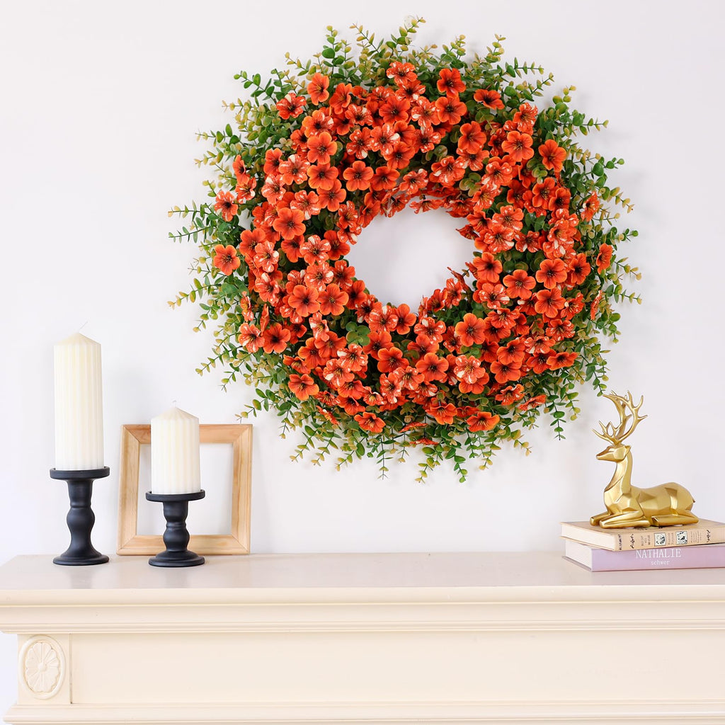 26" Large Artificial Silk Flower Eucalyptus Wreath for Outdoor(Fall Orange)