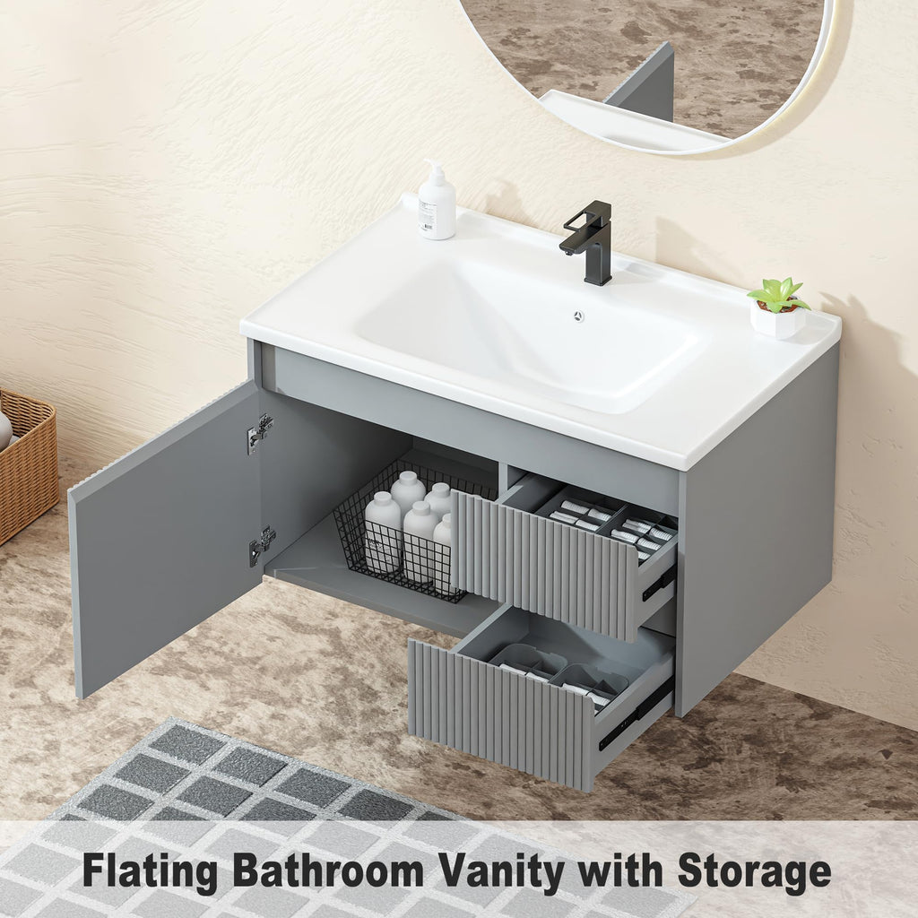 Floating Bathroom Vanity 32 Inch, Wall Mounted Bathroom Vanity with Ceramic Sink and 2 Drawers for Storage, Modern