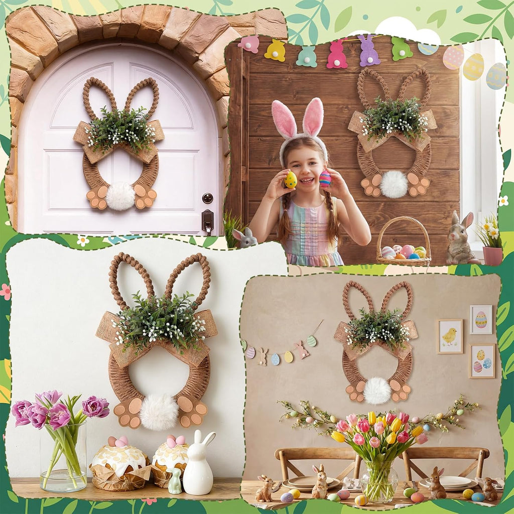 18 Inch Easter Bunny Wreath Spring Artificial Flower Rabbit Rattan Wreath with Rabbit Tail Feet Green Twig
