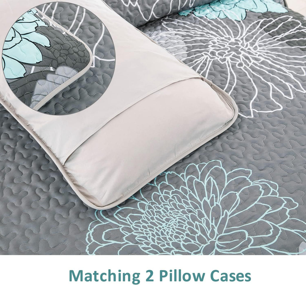 Green Floral Queen Quilt Set - 3 Pieces Boho Flower Quilt Coverlet Elegant Bohemian Bedspread with 2 Pillowcases Soft