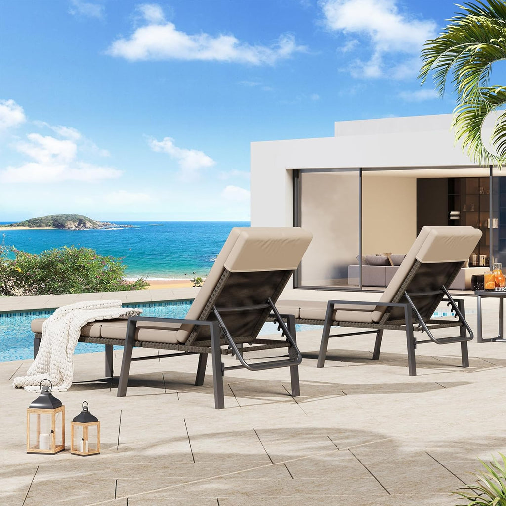 Chaise Lounge Chairs for Outdoor, Lounge Chairs Set of 2, Adjustable PE Rattan Wicker Patio Pool Lounge Chair with