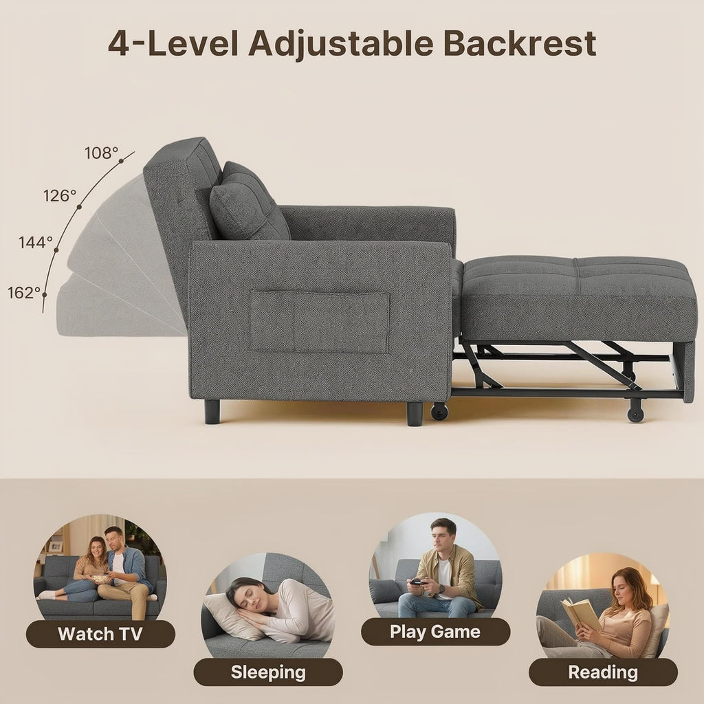 3-in-1 Convertible Sofa Bed Chair, Pullout Sleeper, Adjustable Back