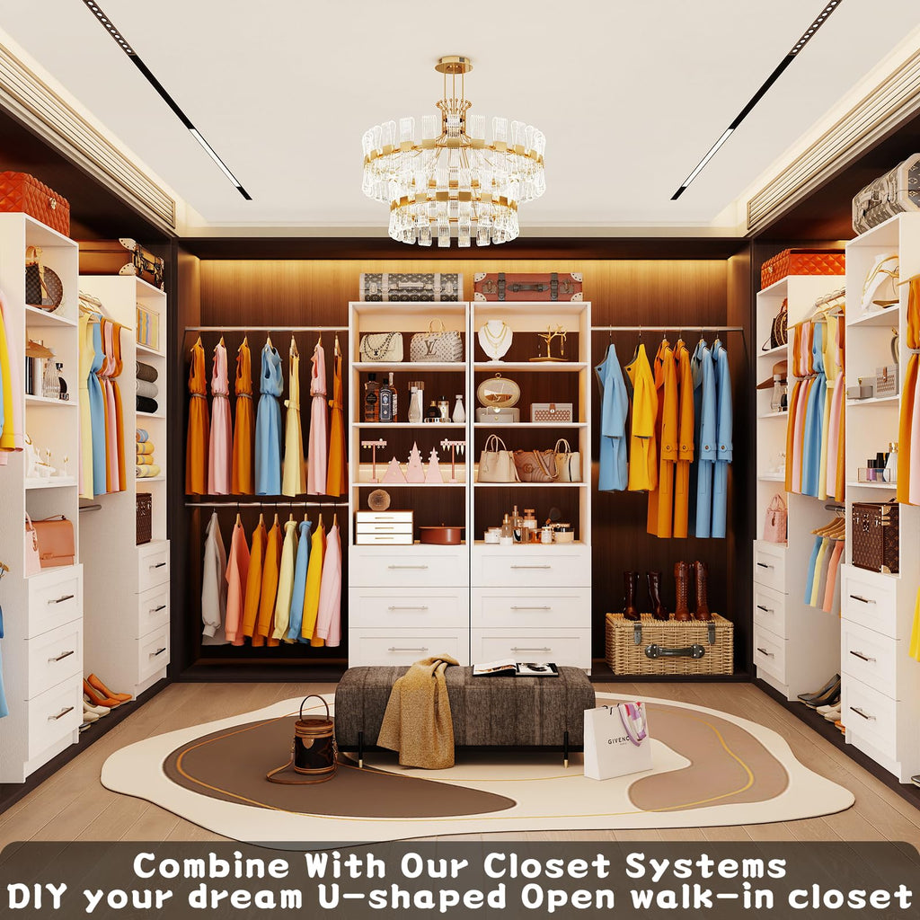 Closet System with Drawers, 4FT-9FT Modular Closet Organizer System with 4 Expandable Hanging Rods Adjustable Wooden