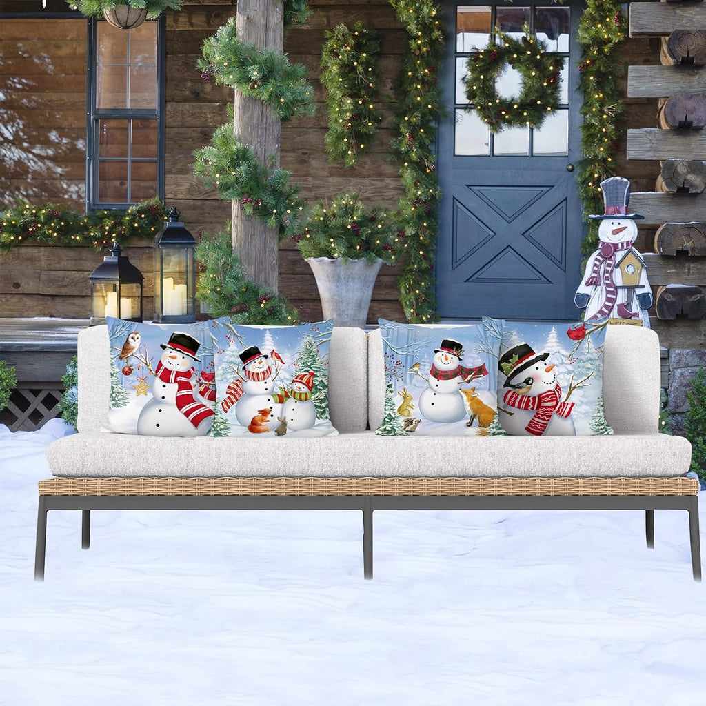 Christmas Winter Snowman Throw Pillow Covers 18x18 Inch Snowy Forest Pine Tree Winter Holiday Decorative Pillows - Set of 4