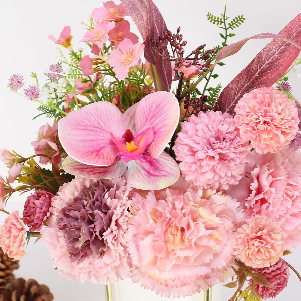 Artificial Pink Carnation and Orchid Flower Arrangement in White Ceramic Vase with Gold Stand (Pink)