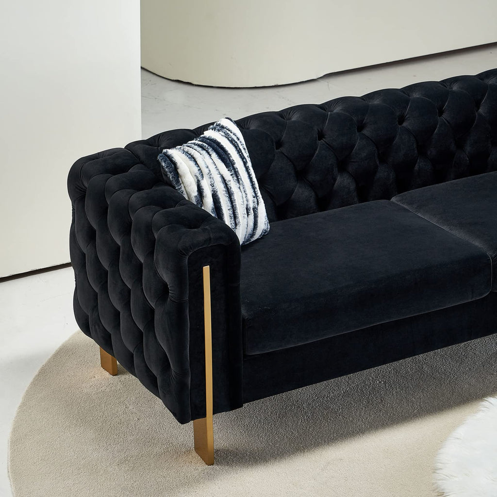 Velvet Tufted Sofa, 84" Mid-Century Modern Couch with 2 Throw Pillows, High Arms & Gold Metal Legs, Luxury