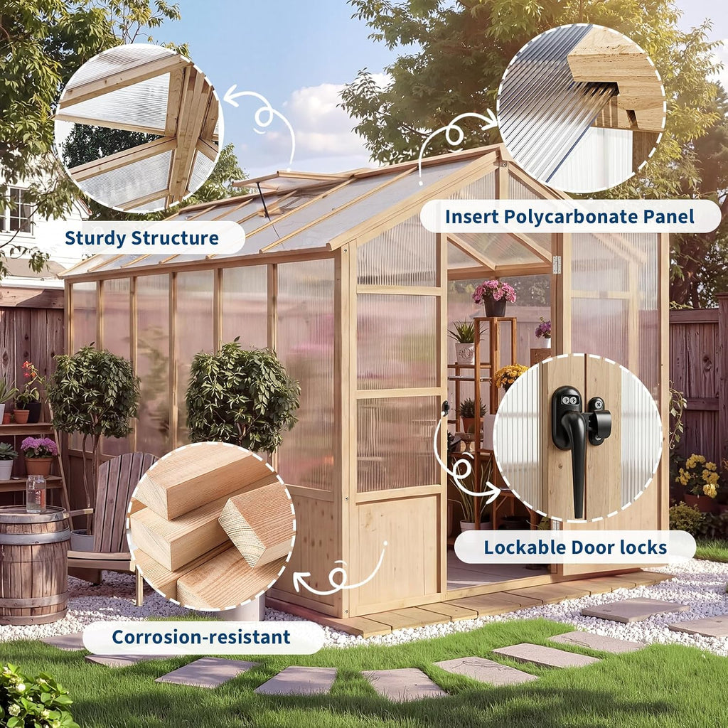 Large Wood Frame Greenhouse for Outdoor - Wooden Walk-in Greenhouse Kit with Polycarbonate Panels, Ventilated Window