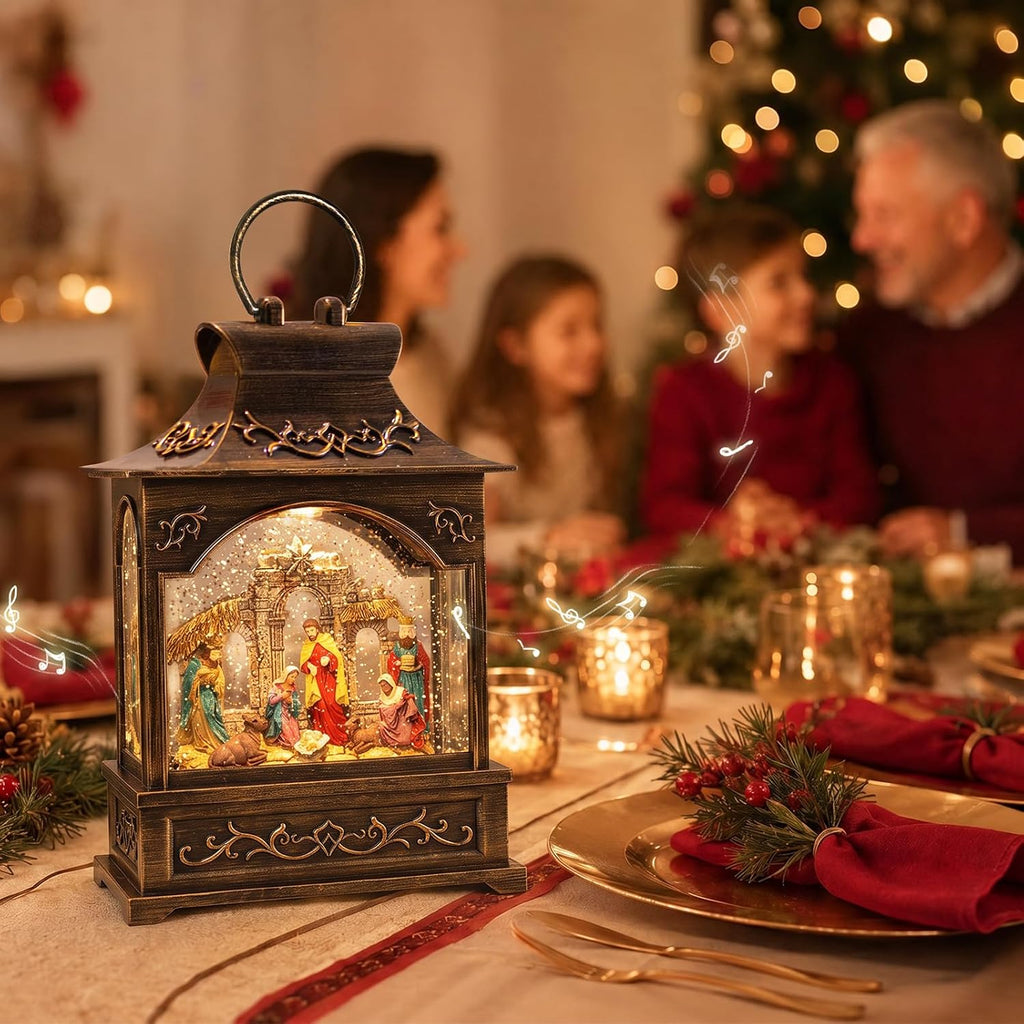 Christmas Nativity Snow Globe Lantern with Music Lights Swirling Glitter